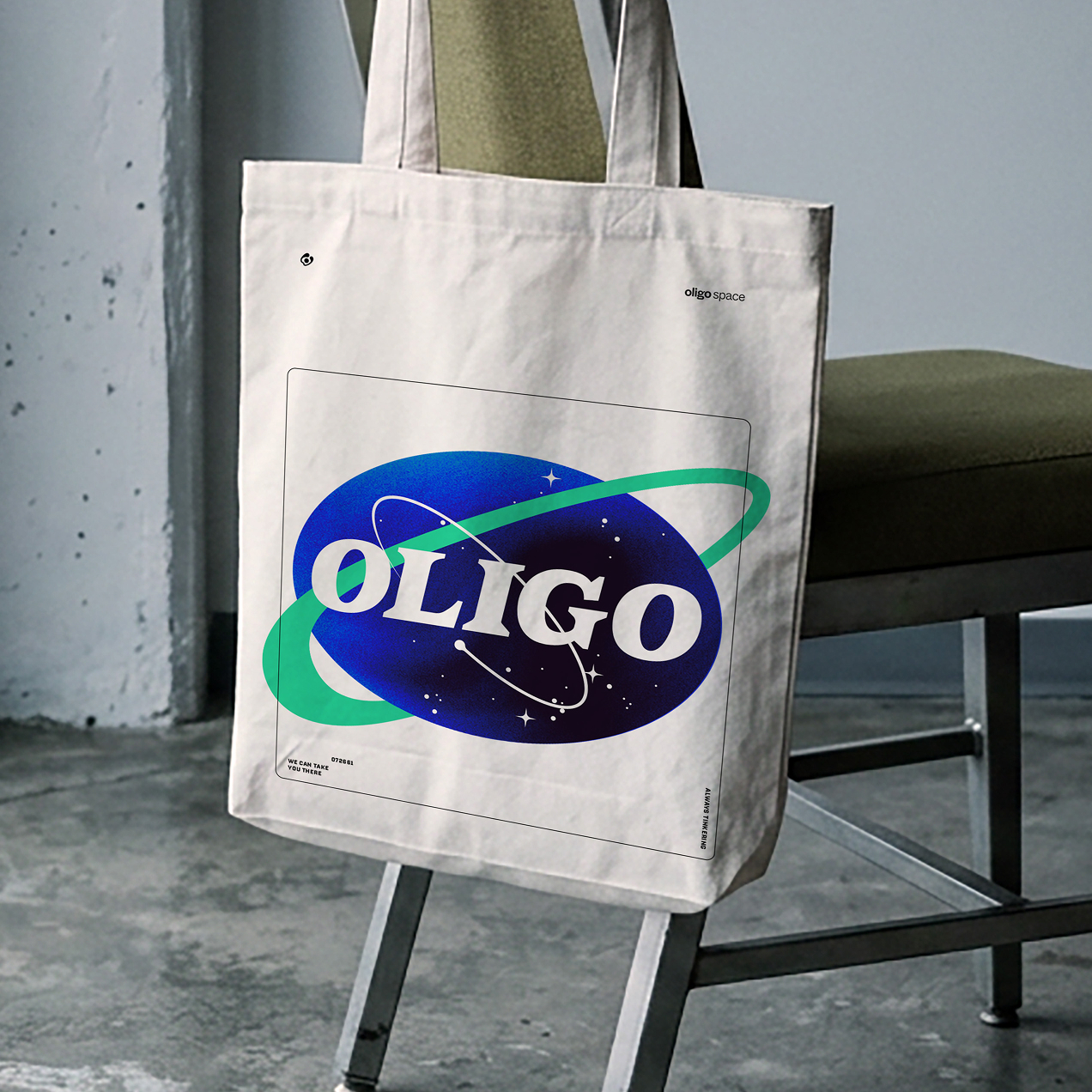 Branded tote bag on a chair